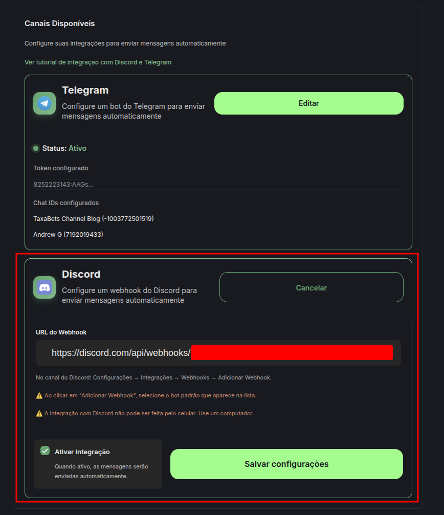 Adicionando a URL do Webhook no painel do TaxaBets.