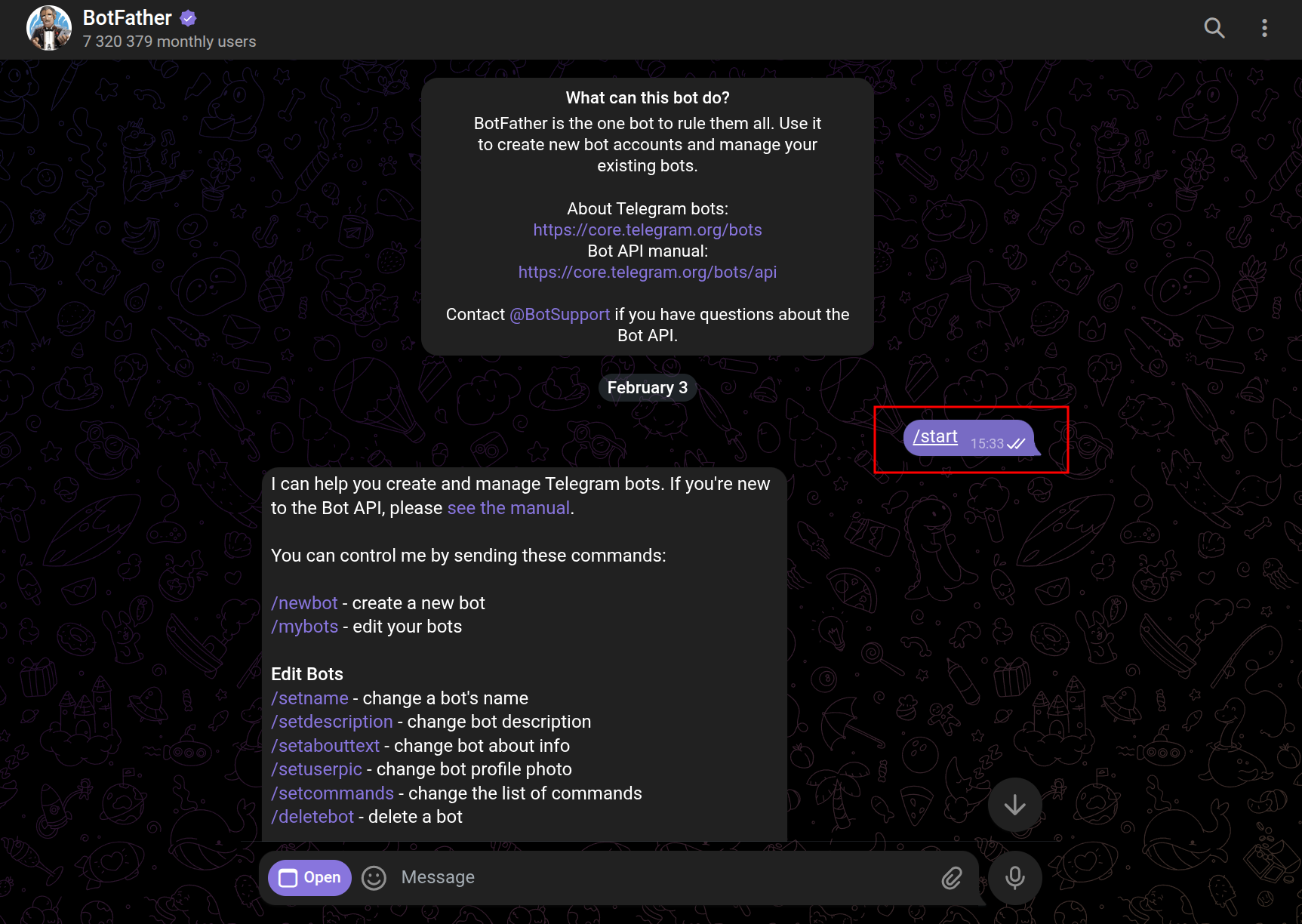Comando /start no BotFather